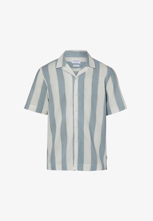 Kurzarm-Hemd zum Knöpfen mit breiten vertikalen Streifen in Hellblau und Weiß, mit Camp-Kragen und geradem Saum.