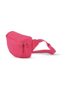 Rózsaszín anyagból készült övtáska kerek formával. Cipzáros záródással, állítható vállhevederrel és elülső zsinórrészlettel a plusz tárolás érdekében.