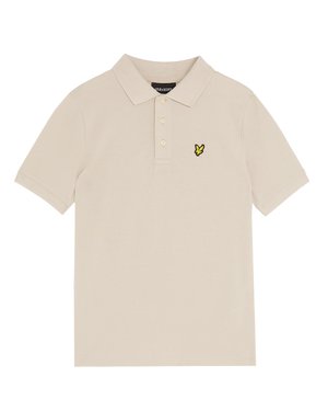 Beige Polohemd mitklassischem Kragen, drei Knöpfen und kleinem gelbem gesticktem Schmetterlingslogo auf der linken Brust. Weiche Textur.