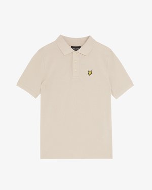 Beige poloshirt met een klassieke kraag, drie knopen en een klein geel geborduurd vlinderlogo op de linkerborst. Zachte textuur.