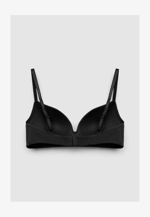 Reggiseno imbottito nero con spalline regolabili e chiusura sul retro con gancetti, mostrato disteso su uno sfondo grigio chiaro.