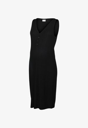 Zwarte, ribbelige, mouwloze jurk met een V-hals en vijf knopen aan de voorkant. Strak lijfje dat overgaat in een losvallende rok.