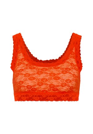 Kanten bralette in levendig oranje, met een bloemenpatroon, golvende randen, brede bandjes en een aansluitend, rekbaar ontwerp.