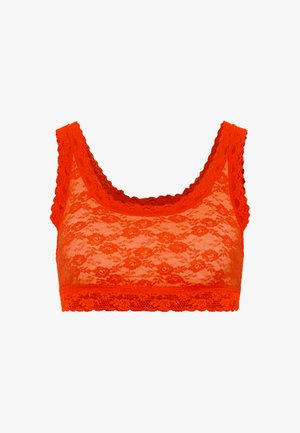 Kanten bralette in levendig oranje, met een bloemenpatroon, golvende randen, brede bandjes en een aansluitend, rekbaar ontwerp.