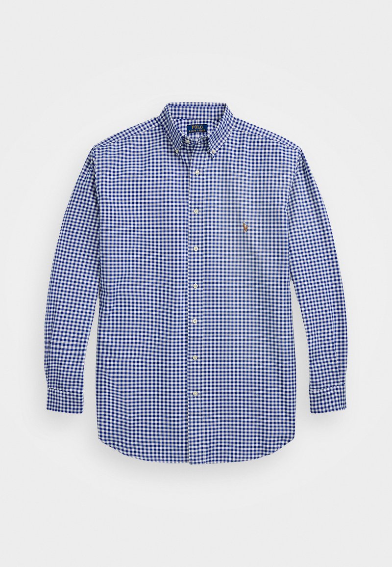 Camicia a maniche lunghe a quadretti blu e bianchi con colletto button-down. Presenta un piccolo logo sul petto e un design a vestibilità regolare.