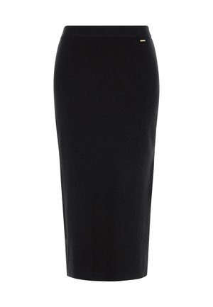 Černá midi sukně vyrobená z měkké, pružné látky. Má přiléhavý střih, elastický pas a jemný zlatý akcent.