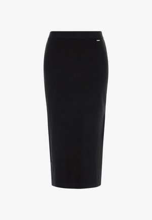 Melna midi svārku izgatavoti no mīksta, elastīga auduma. Tam ir pieguļoša siluets, elastīga jostasvieta un smalka zelta akcenta detaļa.