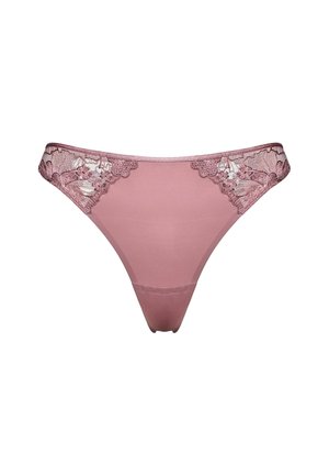 Pink thong underwear with lace floral embroidery on the sides and smooth fabric center against a white background.