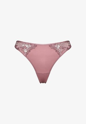 Pink thong underwear with lace floral embroidery on the sides and smooth fabric center against a white background.