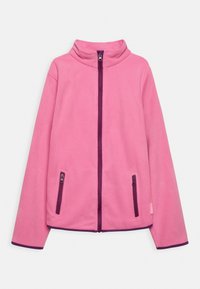 Fleece jaka spilgti rozā krāsā ar augstu apkakli, pilnu priekšējo rāvējslēdzēju un violetiem akcentiem. Iekļauj divas kabatas ar rāvējslēdzējiem priekšā.