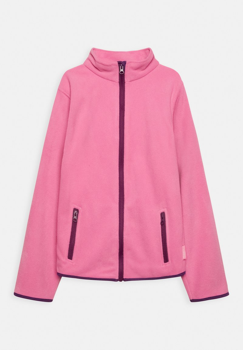 Fleece jaka spilgti rozā krāsā ar augstu apkakli, pilnu priekšējo rāvējslēdzēju un violetiem akcentiem. Iekļauj divas kabatas ar rāvējslēdzējiem priekšā.