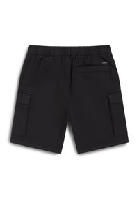 Svarta cargoshorts gjorda av lättviktigt tyg, med resårmidja, sidfickor och en bakficka med lock.