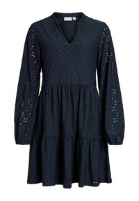 Mörkblå klänning med V-ringning och långa ärmar, med ett texturerat mönster och ögla-dekoration, samt en utsvängd kjol med lagerdesign.