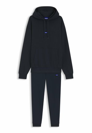 Black hooded sweatshirt with drawstrings and kangaroo pocket paired with matching jogger pants, both featuring small blue brand logos.