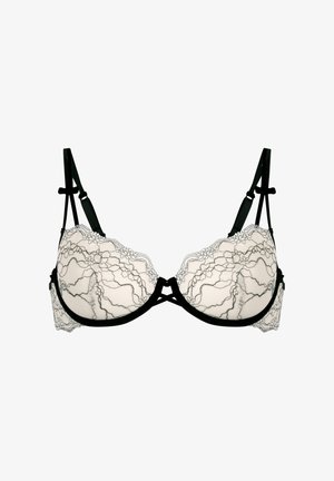 Schwarzer Spitzentop mit einem durchsichtigen cremefarbenen Untergrund, Unterstützung durch Bügel, verstellbaren Trägern und einem dekorativen floralen Muster entlang der Cups.