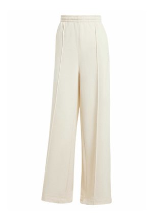 Pantaloni a gamba larga in morbido tessuto crema. Presentano una cintura elastica e due pieghe frontali. Design minimalista senza hardware visibile.