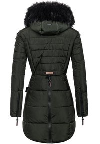 Padded parka in dark green with a faux fur hood, horizontal stitching, and dual zippers on the sides. Functional design and textured fabric.