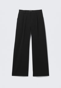 Μαύρο παντελόνι με φαρδιά μπατζάκια και ομαλή υφή, με πιέτες στο μπροστινό μέρος, θηλιές για ζώνη και σχεδιασμό με ίσια γραμμή.
