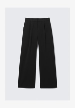 Black wide-leg trousers with a smooth texture, featuring a pleated front, belt loops, and a straight cut design.