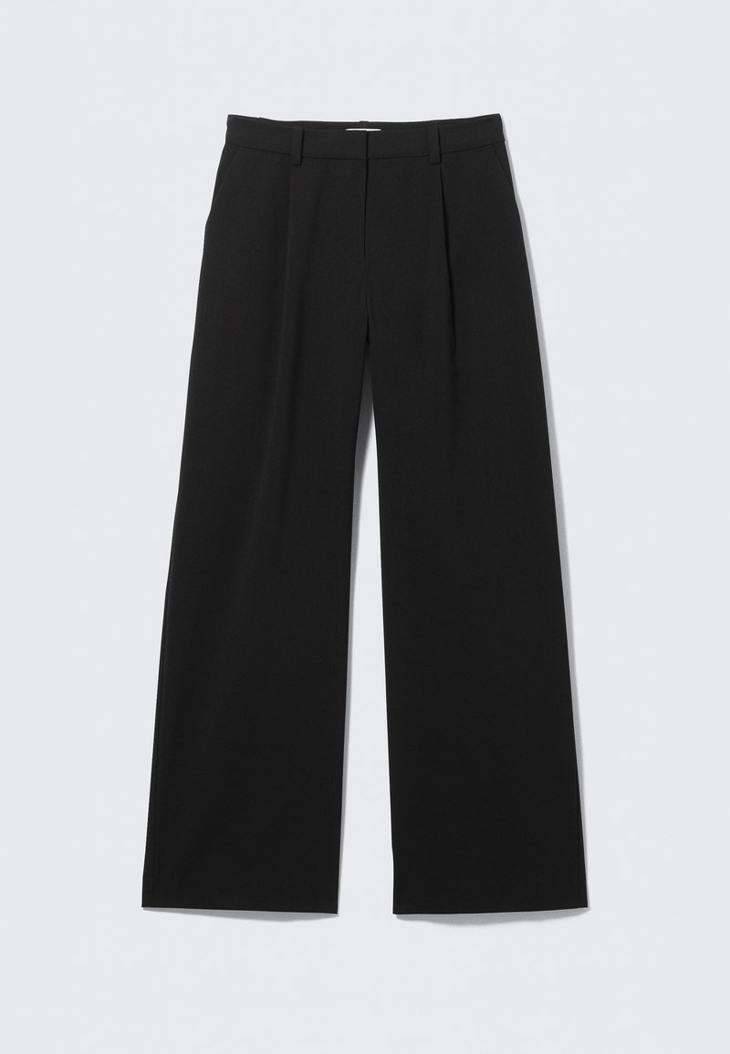 Μαύρο παντελόνι με φαρδιά μπατζάκια και ομαλή υφή, με πιέτες στο μπροστινό μέρος, θηλιές για ζώνη και σχεδιασμό με ίσια γραμμή.