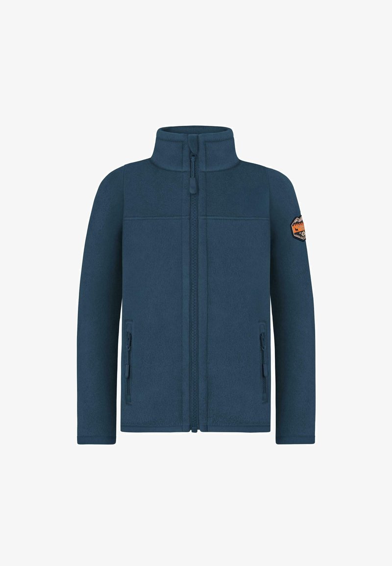 Dunkelblaues Fleece-Jacke mit hohem Kragen, Reißverschluss vorne und zwei Seitentaschen. Mit einem Logo-Patch am oberen Arm. Weiche Textur, modernes Design.