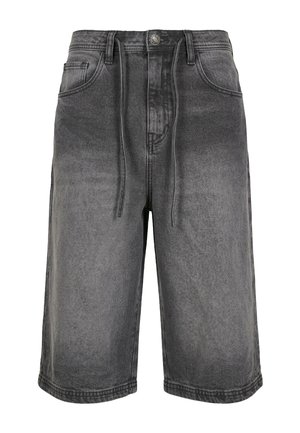 Short en denim gris taille haute avec bouton avant, fermeture éclair, passants de ceinture, cordon de serrage et design à cinq poches.