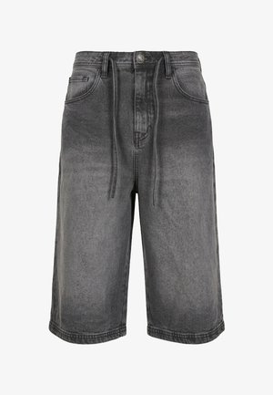 Grå højtaljede denimshorts med knap foran, lynlås, bæltestropper, snøre og fem-lomme design.