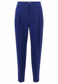 Pantalon bleu marine en tissu lisse, présentant une coupe ajustée, des plis sur le devant et un design à jambe droite sans poches visibles.