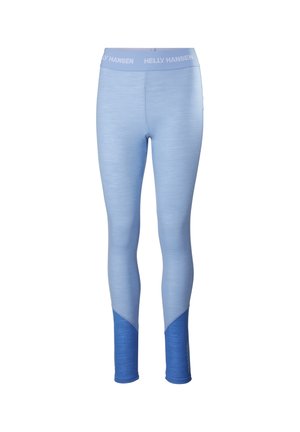 Leggings azul claro con un tejido texturizado, con un panel de un azul más oscuro en la parte inferior de la pierna. Cintura elástica con el logo de la marca.