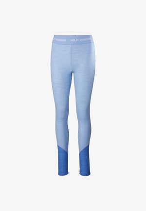 Leggings azul claro con un tejido texturizado, con un panel de un azul más oscuro en la parte inferior de la pierna. Cintura elástica con el logo de la marca.