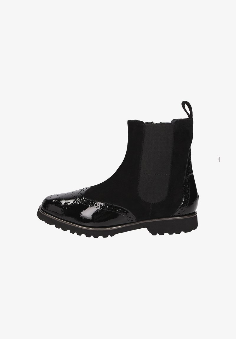 Zwarte enkellaarsjes met een combinatie van suede en glanzend lakleer. Gedetailleerd brogue-ontwerp, elastische zijpanelen en stevige rubberen zool.