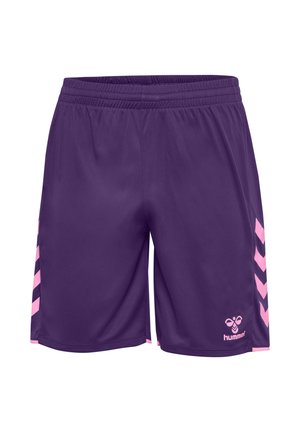 Fioletowe sportowe spodenki z różowymi pasami w kształcie szewronów po bokach i różowym logo hummel na przedniej prawej nogawce, elastyczny pas.