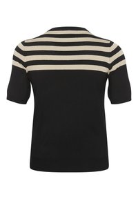 Musta-beige raidallinen lyhythihainen neulepaita pyöreällä pääntiellä ja vartalonmyötäisellä helmalla; tasainen pinta koko paidassa.