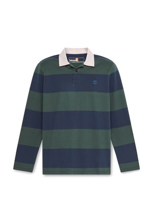 Polo a maniche lunghe a righe verde scuro e blu navy, con colletto rosa chiaro e un piccolo logo sul petto. Tessuto in cotone.