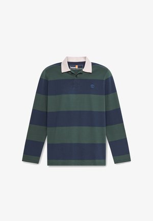 Long-sleeve polo shirt in dark green and navy stripes, featuring a light pink collar and a small logo on the chest. Cotton fabric.