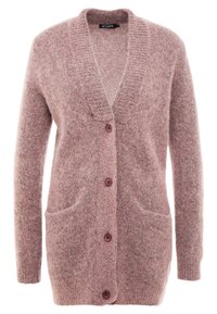 Ljusrosa ullcardigan med långa ärmar, V-ringning, framfickor och fem bruna knappar. Mjuk textur med ett lätt melerat mönster.