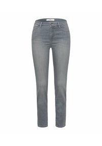 Svetle šedé džíny vyrobené z denimu, s úzkým střihem, designem se pěti kapsami, kovovým zapínáním na knoflík a jemným vyblednutím pro texturu.