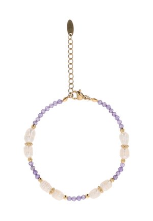Brățară cu mărgele mici mov, alternând cu mărgele albe mai mari, cu formă neregulată, mărgele spațiale aurii și închizătoare cu lanț auriu.