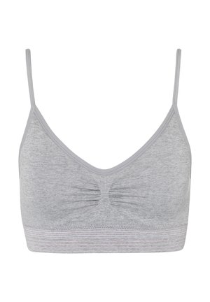 Grauer Bralette mit dünnen Trägern, gerafftem Mittelteil und weicher Textur. Mit einem gestreiften Unterband in einer helleren Graunuance.