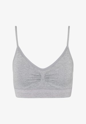 Gray bralette with thin straps, gathered center detail, and a soft texture. Includes a striped underband in a lighter shade of gray.