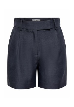 Tumedat lahe värvi kohandatud lühikesed püksid vööaasadega, kõrge vöökohaga ja esissete voldikutega, mõeldud elegantseks ja formaalseks välimuseks.