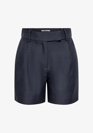 Tumedat lahe värvi kohandatud lühikesed püksid vööaasadega, kõrge vöökohaga ja esissete voldikutega, mõeldud elegantseks ja formaalseks välimuseks.