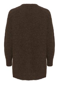 Brun stickad tröja med en mjuk, fluffig textur. Har en rund halskrage och långa ärmar, designad i en avslappnad passform.