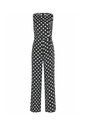 Black sleeveless jumpsuit with white polka dots, wide legs, and a matching fabric belt with a buckle at the waist.