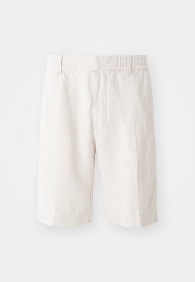 Linen shorts in light beige with an elastic waistband, side pockets, and a straight cut. Smooth texture with minimal visible stitching.