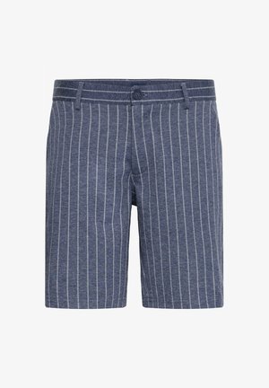 Sötét tengerészkék rövidnadrág világos függőleges csíkokkal. Puha anyagból készült, gombos záródással és övhurkokkal. Elegáns, térd hosszúságú fazon.