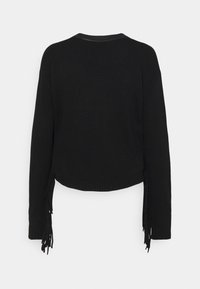 Czarny sweter z długimi rękawami, krótki fason, z frędzlami po bokach. Żebrowany dół i miękka tekstura.
