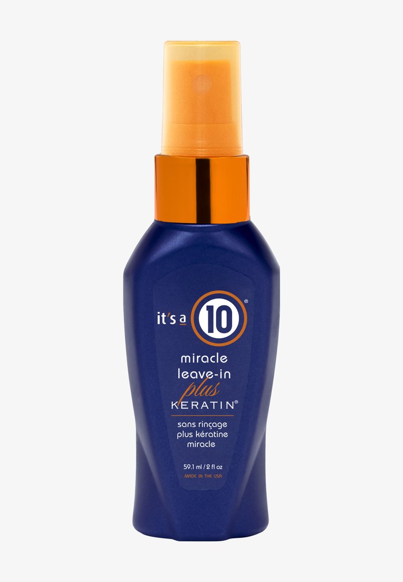 Flacon pulvérisateur bleu du soin capillaire It's a 10 Miracle Leave-In Plus Kératine avec un bouchon orange, 59,1 ml, fabriqué aux États-Unis.