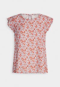 Blouse fleurie à manches courtes pour femme avec des fleurs orange et violet sur fond blanc, col rond et fermeture dos à lien noué.