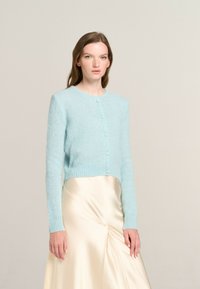 Light blue cropped cardigan made of soft knit material, featuring a round neckline, long sleeves, and button closure down the front.